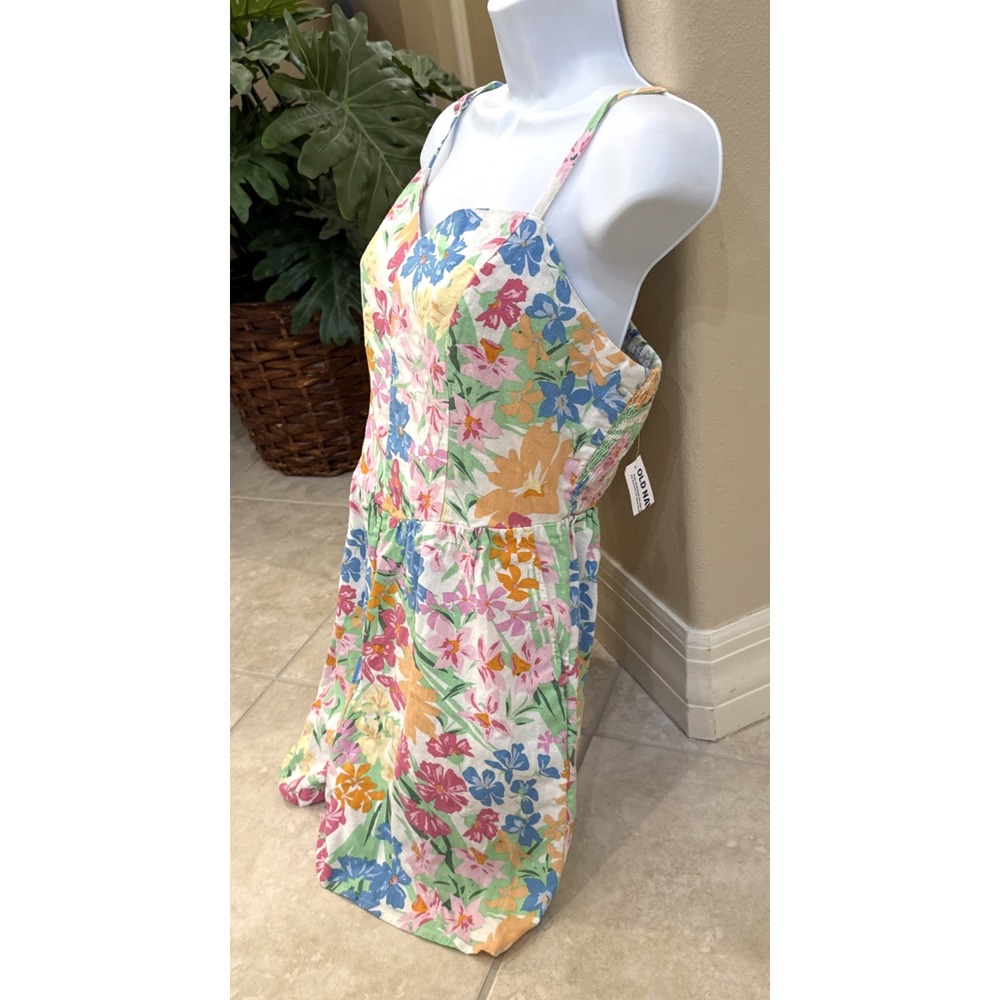 Old Navy Women Floral Linen Blend Romper Sleeveless Multi-Color Smocked Back NEW